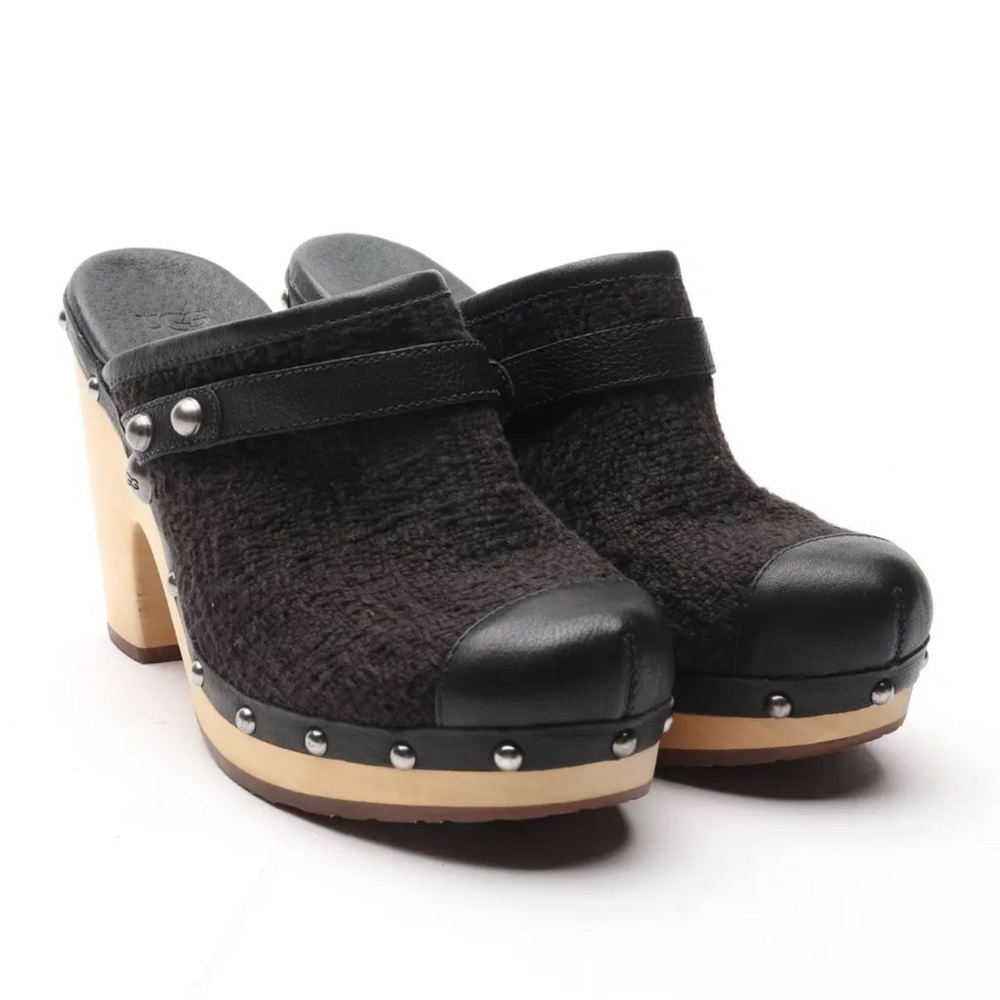 UGG Jolene Leather Platform Clogs with Wooden Heel Black Studded Women's 8 - Picture 1 of 12